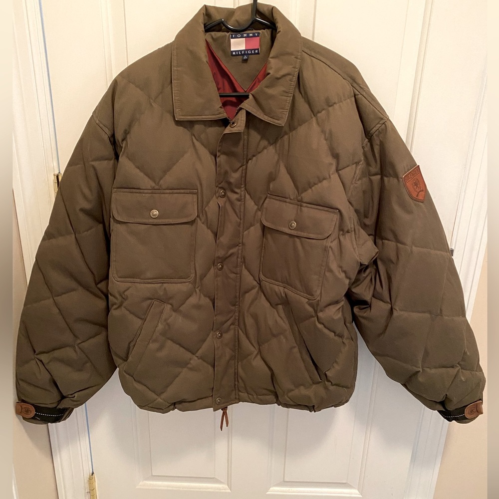 vtg 90s Tommy Hilfiger quilted bomber jacket men's L patch Olive Green Puffer